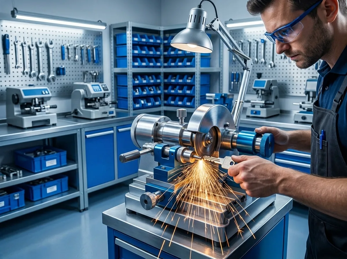 Chaveiro trabalhando na cópia de uma chave em uma máquina